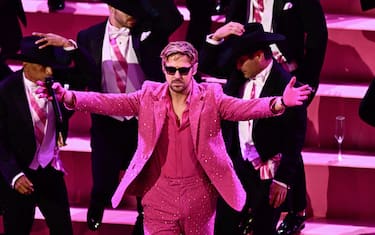 TOPSHOT - Canadian actor Ryan Gosling performs "I'm Just Ken" from "Barbie" onstage during the 96th Annual Academy Awards at the Dolby Theatre in Hollywood, California on March 10, 2024. (Photo by Patrick T. Fallon / AFP) (Photo by PATRICK T. FALLON/AFP via Getty Images)