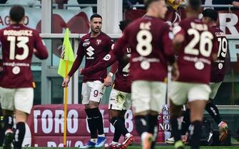 Torino's Italian forward Antonio Sanabria (C) celebrates after scoring a first goal for his team during the Italian Serie A football match Torino vs Napoli at the "Stadio Grande Torino" in Turin on January 7, 2024. (Photo by MARCO BERTORELLO / AFP) (Photo by MARCO BERTORELLO/AFP via Getty Images)