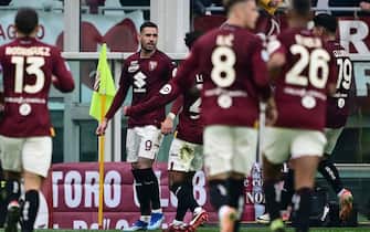 Torino's Italian forward Antonio Sanabria (C) celebrates after scoring a first goal for his team during the Italian Serie A football match Torino vs Napoli at the "Stadio Grande Torino" in Turin on January 7, 2024. (Photo by MARCO BERTORELLO / AFP) (Photo by MARCO BERTORELLO/AFP via Getty Images)