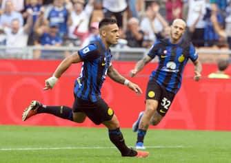 Inter Milan s Lautaro Martinez jubilates after scoring goal of 2 to 0 during the Italian serie A soccer match between Fc Inter  and Bologna Giuseppe Meazza stadium in Milan, 7 October 2023.
ANSA / MATTEO BAZZI