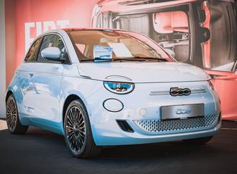 Vienna, Austria - June 2022: Close up detail with the new Fiat 200 hybrid small city car
