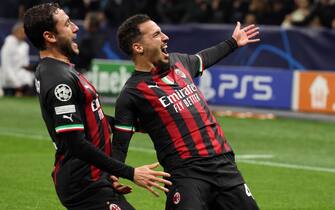 AC Milan s Ismael Bennacer  (R) jubilates with his teammate Davide Calabria  after scoring goal of 1 to 0 during he UEFA Champions League quarter final 1st leg  match between Ac Milan and Napoli at Giuseppe Meazza stadium in Milan, 12 April 2023.
ANSA / MATTEO BAZZI



