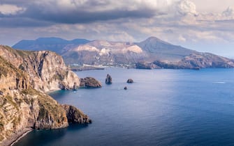 Lipari, Sicily, Italy - July 18, 2020: Beautiful view of the island of Vulcano from the island of Lipari