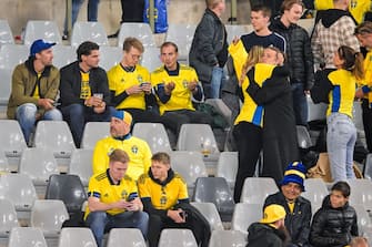 BRUSSELS - Uproar among Sweden fans during the European Championship qualifying match between Belgium and Sweden at the King Baudouin Stadium on October 16, 2023 in Brussels, Belgium. ANP | Hollandse Hoogte | GERRIT VAN COLOGNE (Photo by ANP via Getty Images)