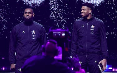 SALT LAKE CITY, UTAH - FEBRUARY 19: LeBron James #6 of the Los Angeles Lakers, left, and Giannis Antetokounmpo #34 of the Milwaukee Bucks look on prior to the 2023 NBA All Star Game between Team Giannis and Team LeBron at Vivint Arena on February 19, 2023 in Salt Lake City, Utah. NOTE TO USER: User expressly acknowledges and agrees that, by downloading and or using this photograph, User is consenting to the terms and conditions of the Getty Images License Agreement. (Photo by Tim Nwachukwu/Getty Images)
