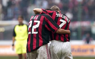 Milan  Italy, 28 September 2003, "G.MEAZZA SAN SIRO " Stadium, Serious Football Championship A 2003/2004,  AC Milan - US Lecce : Kaka and Andriy Shevchenko celebrates after the goal