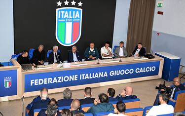 FLORENCE, ITALY - JUNE 03: (L-R) Alessandro Del Piero, Roberto Baggio, Gianni Rivera, Gabriele Gravina, Luciano Spalletti, Gianluigi Buffon, Giancarlo Antognoni and Francesco Totti attend at press conference at Centro Tecnico Federale di Coverciano on June 03, 2024 in Florence, Italy. (Photo by Claudio Villa/Getty Images)