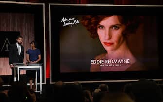 A screen showing the Oscar nominee Eddie Redmayne for the film 'The Danish Girl' in the Best Actor category is announced by actor John Rosinski and Academy President Cheryl Boone Isaacs during the Academy Awards Nominations Announcement at the Samuel Goldwyn Theater in Beverly Hills, California on January 14, 2016.
The 88th Oscars will be held on February 28 at the Dolby Theatre in downtown Hollywood. / AFP / MARK RALSTON        (Photo credit should read MARK RALSTON/AFP via Getty Images)