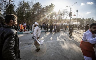 KERMAN CITY, IRAN - JANUARY 03: A view of the scene after explosions leaving at least 73 feared dead in explosions near slain Gen. Qassem Soleimani's tomb, in Kerman City, Iran on January 03, 2024. (Photo by Stringer/Anadolu via Getty Images)