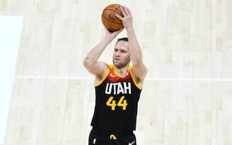 SALT LAKE CITY, UTAH - APRIL 12: Bojan Bogdanovic #44 of the Utah Jazz shoots during a game against the Washington Wizards at Vivint Smart Home Arena on April 12, 2021 in Salt Lake City, Utah. NOTE TO USER: User expressly acknowledges and agrees that, by downloading and/or using this photograph, user is consenting to the terms and conditions of the Getty Images License Agreement.  (Photo by Alex Goodlett/Getty Images)