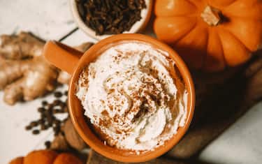 An Autumn favorite hot drink, the pumpkin spice flavored coffee, tea, or chai, complete with fresh pumpkins and whipped cream topping.  Cinnamon sticks, ginger, cloves, and allspice surround the mug of spicy warm goodness.  Rustic wood table.