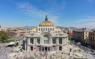 Aerial morning view of the Palace of Fine Arts, Cathedral of Art in Mexico City