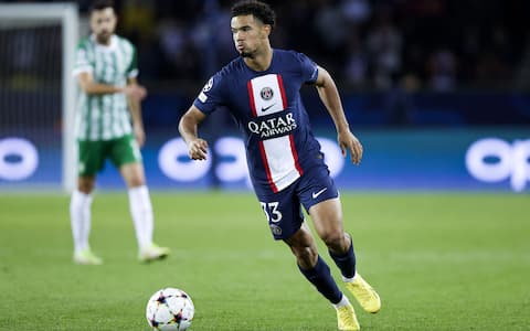 PARIS, FRANCE - OCTOBER 25: Warren Zaire Emery of Paris Saint Germain during the UEFA Champions League  match between Paris Saint Germain v Maccabi Haifa at the Parc des Princes on October 25, 2022 in Paris France (Photo by David S. Bustamante/Soccrates/Getty Images)