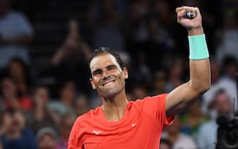 epa11053287  Rafael Nadal of Spain celebrates winning against Dominic Thiem of Austria on Day 3 of the 2024 Brisbane International tennis tournament in Brisbane, Australia, 02 January 2024.  EPA/JONO SEARLE  AUSTRALIA AND NEW ZEALAND OUT   EDITORIAL USE ONLY  EDITORIAL USE ONLY