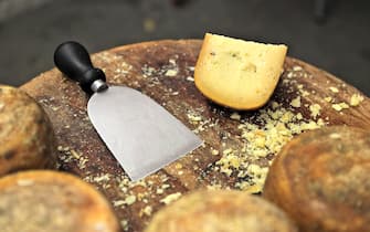 Special knife and famous italian cheese pecorino on small wooden table.