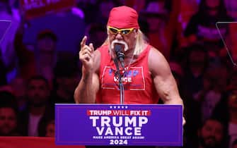 epa11688222 Former professional wrestler Hulk Hogan addresses the crowd during a rally held for former US President and Republican presidential candidate Donald Trump, at Madison Square Garden in New York, New York, USA, 27 October 2024. Trump is facing US Vice President and Democratic presidential candidate Kamala Harris in the upcoming election on 05 November 2024.  EPA/SARAH YENESEL