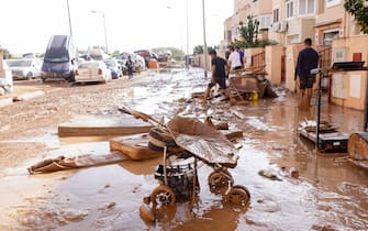 VALENCIA, SPAIN - OCTOBER 31: A view of piled up cars following deadly floods  in Valencia, Spain on October 31, 2024. At least 95 people died in the region of Valencia and two people in Castile-La Mancha community in Spain. (Photo by Alex Juarez/Anadolu via Getty Images)