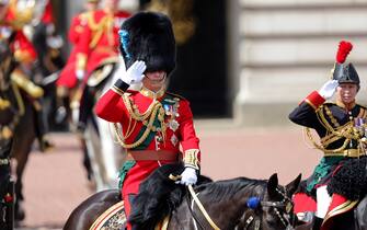 LONDON, ENGLAND - JUNE 02:  Prince William, Duke of Cambridge and  Princess Anne, Princess Royal salute during the Trooping the Colour parade at Buckingham Palace on June 02, 2022 in London, England. The Platinum Jubilee of Elizabeth II is being celebrated from June 2 to June 5, 2022, in the UK and Commonwealth to mark the 70th anniversary of the accession of Queen Elizabeth II on 6 February 1952.  (Photo by Chris Jackson - WPA Pool/Getty Images)