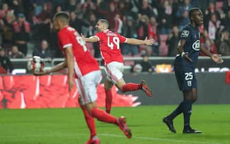 epa08182911 Benfica`s Adel Taarabt (C) celebrates after scoring a goal against Belenenses SAD during their Portuguese First League soccer match held at Luz Stadium, Lisbon, Portugal, 31th January 2020.  EPA/MIGUEL A. LOPES