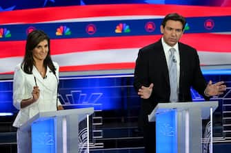 MIAMI, FL -NOVEMBER 8:  Former United Nations Ambassador Nikki Haley requests to respond as Florida Gov. Ron DeSantis speaks during the Republican Presidential Debate at the Adrienne Arsht Center for the Performing Arts on November 8, 2023. (Photo by Jonathan Newton/The Washington Post via Getty Images)