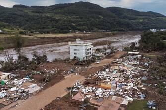 MUÃ UM, BRAZIL - SEPTEMBER 7: Aerial view of debris caused by floods in the aftermath of the tropical cyclone on September 7, 2023 in MuÃ§um, Brazil. An extratropical cyclone hits the southern region of Brazil flooding more than 60 cities. According to local authorities, death toll nears 40 and thousands are displaced. (Photo by Marcelo Oliveira/Getty Images)