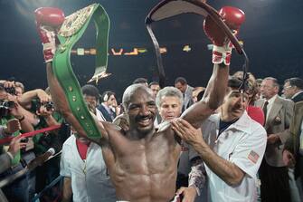 (Original Caption) New York, New York: Marvin Hagler vs. Mustafa Hamstro Fight. Madison Square Garden, World Middleweight title fight. Hagler won with a knock out in the 3rd round.