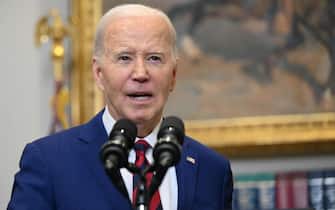 US President Joe Biden addresses the Baltimore, Maryland, bridge collapse in the Roosevelt Room of the White House in Washington, DC, on March 26, 2024. The Francis Scott Key Bridge collapsed in Baltimore early March 26, blocking one of the busiest US commercial harbors, after the Dali cargo ship lost power and smashed into a support column despite desperate attempts to stop in time. Six people, all members of a nighttime construction crew repairing potholes on the bridge were missing, officials said. (Photo by PEDRO UGARTE / AFP)