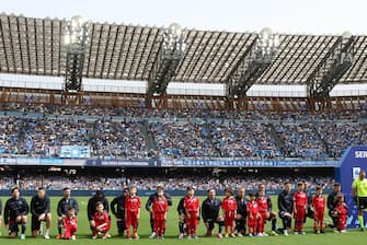 Before the start of the match against Atalanta, the Napoli players knelt on the Maradona lawn, adopting the "Taking the knee", of US origin, to protest against racism in Naples, Italy, 30 March 2024. On the pitch there were not only the 11 starters but also the entire Napoli bench.
ANSA/CESARE ABBATE