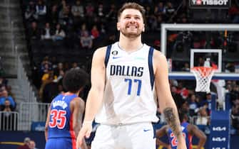 DETROIT, MI - DECEMBER 1: Luka Doncic #77 of the Dallas Mavericks smiles during the game against the Detroit Pistons on December 1, 2022 at Little Caesars Arena in Detroit, Michigan. NOTE TO USER: User expressly acknowledges and agrees that, by downloading and/or using this photograph, User is consenting to the terms and conditions of the Getty Images License Agreement. Mandatory Copyright Notice: Copyright 2022 NBAE (Photo by Chris Schwegler/NBAE via Getty Images)