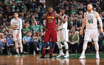 BOSTON, MA - MAY 13: LeBron James #23 of the Cleveland Cavaliers looks on in Game One of the Eastern Conference Finals against the Boston Celtics during the 2018 NBA Playoffs on May 13, 2018 at the TD Garden in Boston, Massachusetts.  NOTE TO USER: User expressly acknowledges and agrees that, by downloading and or using this photograph, User is consenting to the terms and conditions of the Getty Images License Agreement. Mandatory Copyright Notice: Copyright 2018 NBAE  (Photo by Brian Babineau/NBAE via Getty Images)