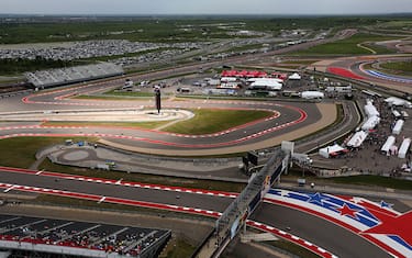 TOPSHOT - An overhead view of the Moto3  qualifying 1 is seen during the 2016 Grand Prix of the Americas MotoGP race at circuit of the Americas, in Austin, Texas on April 9, 2016. (Photo by Thomas SHEA / AFP) (Photo by THOMAS SHEA/AFP via Getty Images)