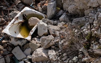 NORCIA, UMBRIA, ITALY - 2021/10/29: A squashed bath tub in the ruins of a building. After the earthquake that took place in 2016 most of the buildings and monuments in the village are still damaged. (Photo by Antonio Balasco/KONTROLAB/LightRocket via Getty Images)