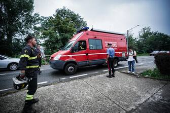 A plane of the acrobatic patrol of the Frecce Tricolori crashed near the airport of Caselle, Turin, Italy, 16 September 2023. The pilot escaped by parachuting while a five-year-old girl died in the crash. The aircraft crashed at the bottom of the track involving, according to the first news, a car.    ANSA / TINO ROMANO