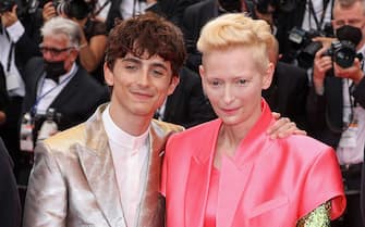 CANNES, FRANCE - JULY 12: TimothÃ©e Chalamet and Tilda Swinton attend the "The French Dispatch" screening during the 74th annual Cannes Film Festival on July 12, 2021 in Cannes, France. (Photo by Mike Marsland/WireImage)