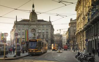 A tram in Piazza Cordusio, in the centre of Milan.