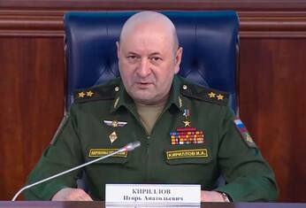 epa11781843 A handout still image taken from a handout video provided on 24 October 2022 by the Russian Defence ministry press-service shows Russian Lieutenant General Igor Kirillov, in charge of Russian troops for radioactive, chemical and biological protection, speaking at a briefing in Moscow, Russia (issued 17 December 2024).  The head of the radiation, chemical and biological defense troops of the Russian Armed Forces, Igor Kirillov, and his assistant were killed as a result of a homemade bomb explosion in Moscow , the Russian Investigative Committee reported.  EPA/RUSSIAN DEFENCE MINISTRY PRESS SERVICE/HANDOUT HANDOUT  HANDOUT EDITORIAL USE ONLY/NO SALES