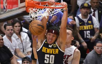 MIAMI, FLORIDA - JUNE 09: Aaron Gordon #50 of the Denver Nuggets dunks during the second quarter against the Miami Heat in Game Four of the 2023 NBA Finals at Kaseya Center on June 09, 2023 in Miami, Florida. NOTE TO USER: User expressly acknowledges and agrees that, by downloading and or using this photograph, User is consenting to the terms and conditions of the Getty Images License Agreement. (Photo by Megan Briggs/Getty Images)