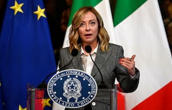 Italian Premier Giorgia Meloni during a press conference with Slovenian Premier after their meeting at Palazzo Chigi in Rome, Italy, 14 November 2023. ANSA/RICCARDO ANTIMIANI