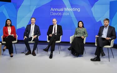 epa11065968 (L-R) Saadia Zahidi, Managing Director at WEF, Norwegian Borge Brende, President of the WEF, Mirek Dusek, Managing Director at WEF, Gim Huay Neo, Managing Director at WEF and Jeremy Jurgens, Managing Director at WEF, attend a remote pre-meeting press conference of the World Economic Forum Annual Meeting 2024 in Cologny, near Geneva, Switzerland, 09 January 2024. The World Economic Forum (WEF) on the day unveiled the programme for its Annual Meeting in Davos, Switzerland, including the key participants, themes and goals. The 54th annual meeting of the WEF will run from 15 to 19 January 2024 in Davos under the motto 'Rebuilding Trust'.  EPA/SALVATORE DI NOLFI