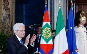La cerimonia al Quirinale Il Presidente della Repubblica Sergio Mattarella durante la cerimonia di restituzione della Bandiera degli atleti italiani di ritorno dai Giochi Olimpici e Paralimpici di Parigi 2024, Quirinale, Roma 23 settembre 2024. ANSA/FABIO FRUSTACI