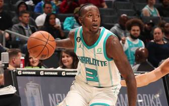 CHARLOTTE, NC - OCTOBER 5: Terry Rozier #3 of the Charlotte Hornets drives to the basket during the game against the Indiana Pacers on October 5, 2022 at Spectrum Center in Charlotte, North Carolina. NOTE TO USER: User expressly acknowledges and agrees that, by downloading and or using this photograph, User is consenting to the terms and conditions of the Getty Images License Agreement. Mandatory Copyright Notice: Copyright 2022 NBAE (Photo by Kent Smith/NBAE via Getty Images)
