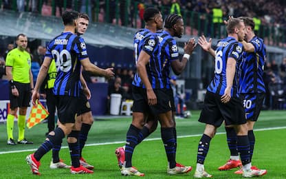 Marcus Thuram of FC Internazionale celebrates with his team mates after scoring a goal during UEFA Champions League 2024/25 Round of 16 - 2nd leg football match between FC Internazionale and Feyenoord Rotterdam at San Siro Stadium