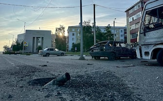 epa10664803 A handout photo made available by the Governor of Russia's Belgorod region Vyacheslav Gladkov on his Telegram channel shows the aftermath of Ukrainian shelling in the border town of Shebekino, Belgorod region, Russia, 31 May 2023. Gladkov said that the situation in Shebekino was deteriorating. Evacuation of children from the Shebekinsky and Grayvoronsky districts of the Belgorod region was set to begin on 31 May. The first group of 300 people will be sent to the city of Voronezh, the governor added.  EPA/GOVERNOR OF BELGOROD REGION/HANDOUT HANDOUT HANDOUT EDITORIAL USE ONLY/NO SALES HANDOUT EDITORIAL USE ONLY/NO SALES