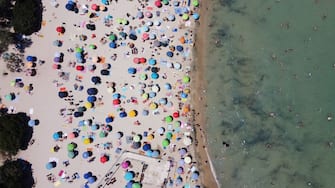 BARI, ITALY - JULY 09: An aerial view of the Pane e Pomodoro beach on July 09, 2023 in Bari, Italy. (Photo by Donato Fasano/Getty Images)