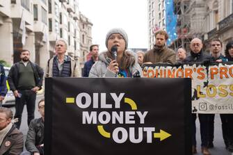 Greta Thunberg joins protesters from Fossil Free London outside the InterContinental in central London, to demonstrate ahead of the Energy Intelligence Forum, a gathering between Shell, Total, Equinor, Saudi Aramco, and other oil giants. Picture date: Tuesday October 17, 2023. (Photo by Lucy North/PA Images via Getty Images)