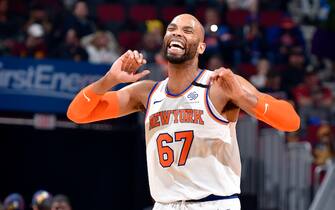 CLEVELAND, OH - JANUARY 20: Taj Gibson #67 of the New York Knicks reacts to a play during the game against the Cleveland Cavaliers on January 20, 2020 at Rocket Mortgage FieldHouse in Cleveland, Ohio. NOTE TO USER: User expressly acknowledges and agrees that, by downloading and/or using this Photograph, user is consenting to the terms and conditions of the Getty Images License Agreement. Mandatory Copyright Notice: Copyright 2020 NBAE (Photo by David Liam Kyle/NBAE via Getty Images)