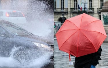 collage: macchina su una pozzanghera e persona con ombrello 