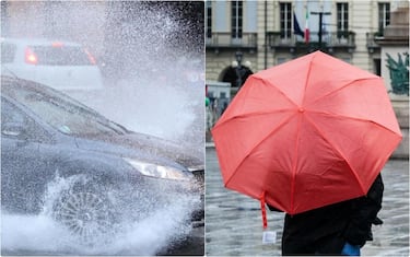 collage: macchina su una pozzanghera e persona con ombrello 