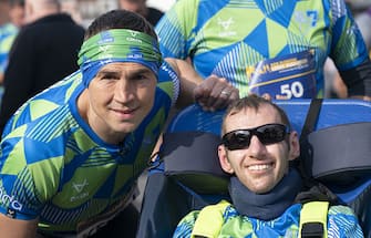Rob Burrow and Kevin Sinfield (left) ahead of the 2023 Rob Burrow Leeds Marathon starting and finishing at Headingley Stadium, Leeds. Picture date: Sunday May 14, 2023. (Photo by Danny Lawson/PA Images via Getty Images)