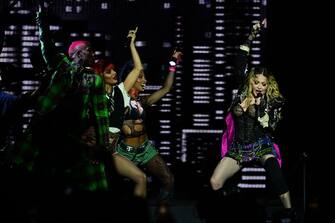 TOPSHOT - US pop star Madonna performs onstage during a free concert at Copacabana beach in Rio de Janeiro, Brazil, on May 4, 2024.Â . Madonna ended her "The Celebration Tour" with a performance attended by some 1.5 million enthusiastic fans. (Photo by Pablo PORCIUNCULA / AFP) (Photo by PABLO PORCIUNCULA/AFP via Getty Images)